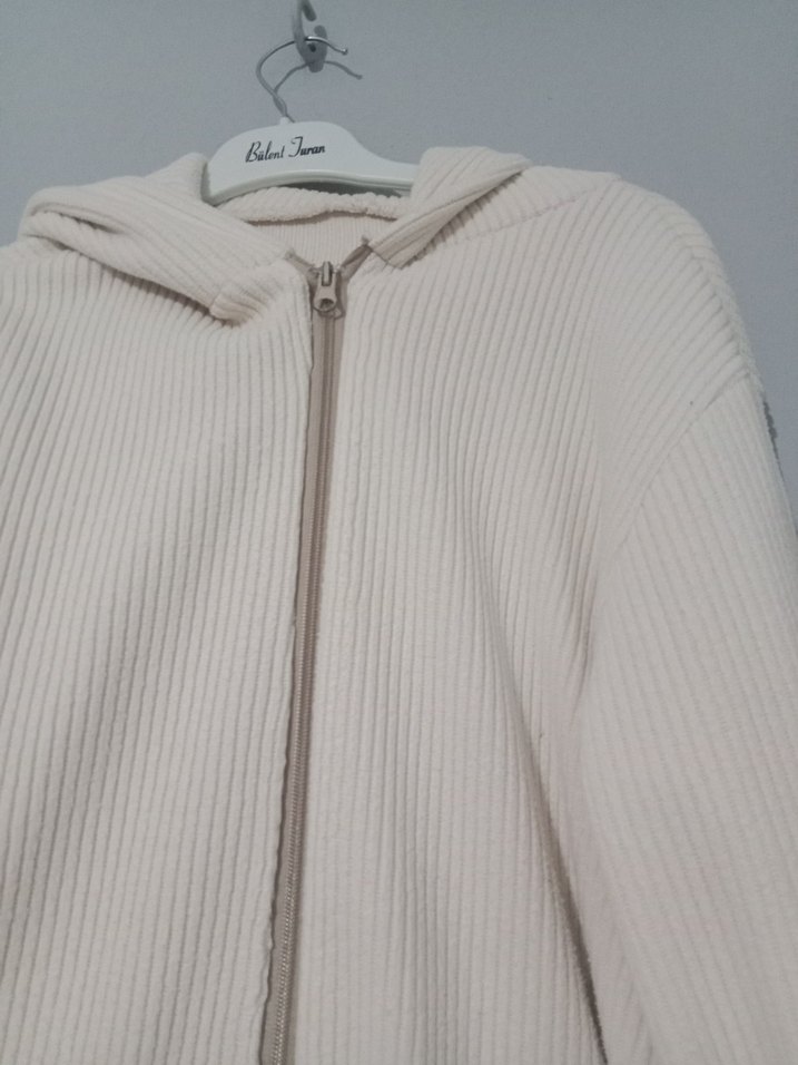 Kapüşonlu, Fermuarlı Beyaz Uzun Kadın hırka - Görsel 3
