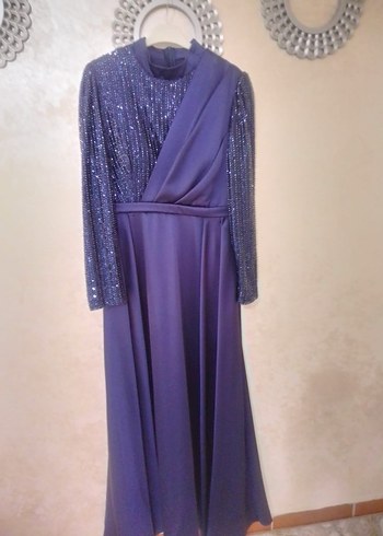 Lacivert Uzun Kollu Drapeli Abiye Elbise MARKA TEMSİLDİR - Görsel 2