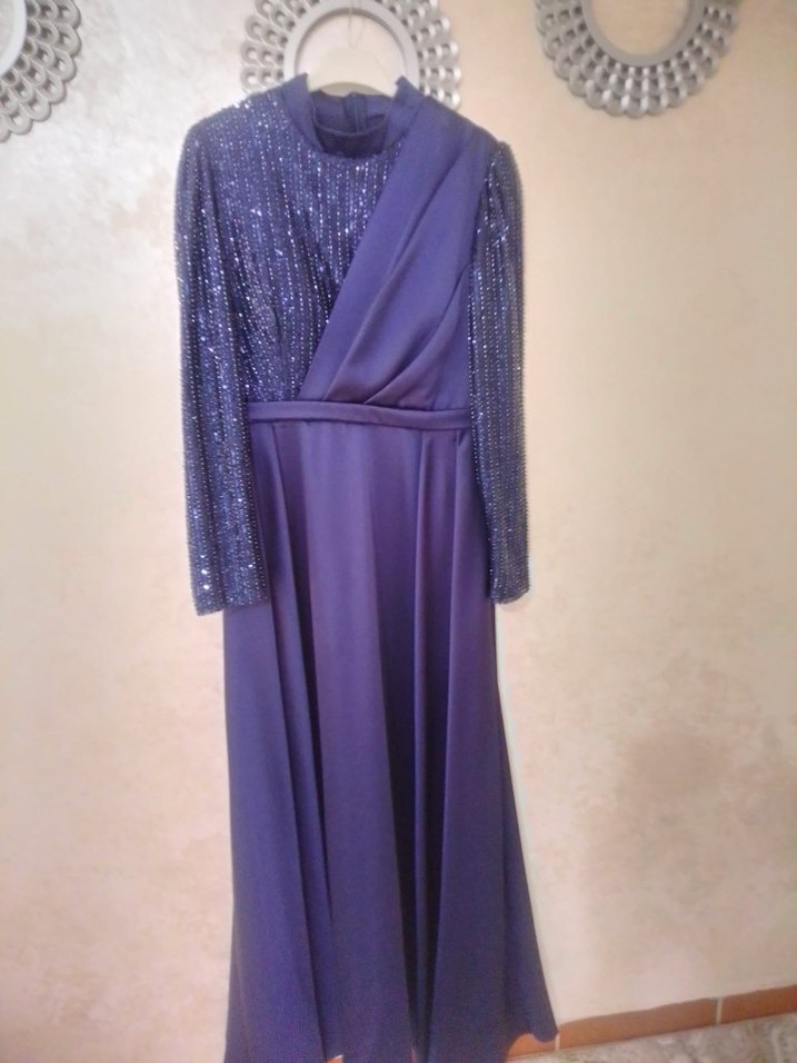 Lacivert Uzun Kollu Drapeli Abiye Elbise  MARKA TEMSİLDİR - Görsel 2