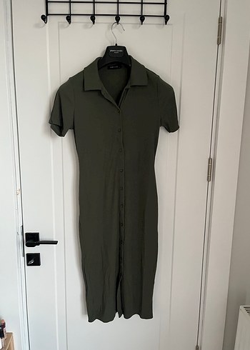 Düğmeli Kısa Kollu Haki Kadın Elbise - Görsel 2