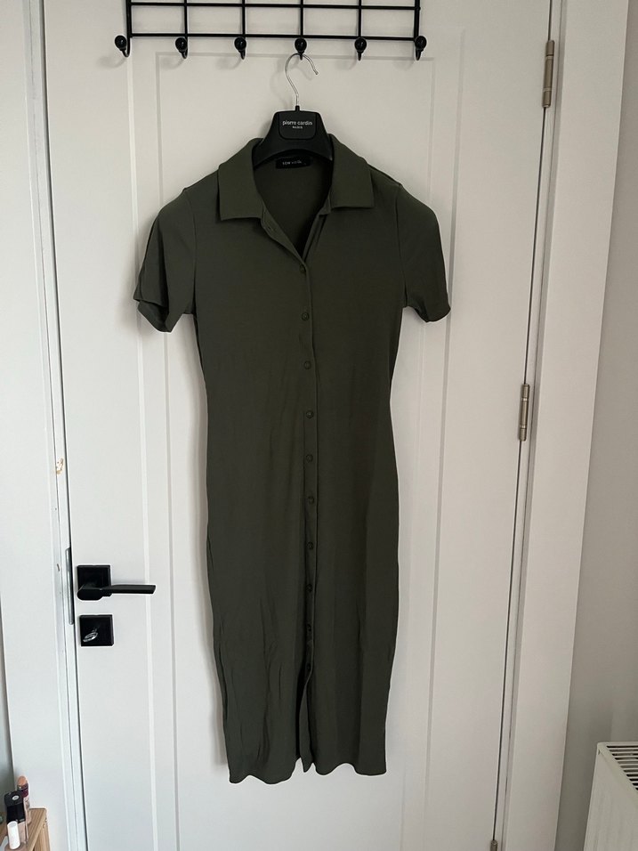 Düğmeli Kısa Kollu Haki Kadın Elbise - Görsel 2