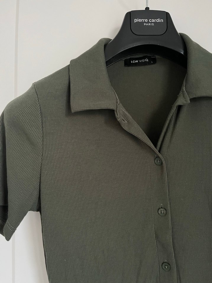 Düğmeli Kısa Kollu Haki Kadın Elbise - Görsel 4