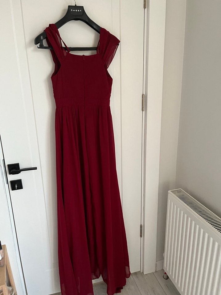 Bordo V Yakalı Uzun Abiye Elbise - Görsel 2