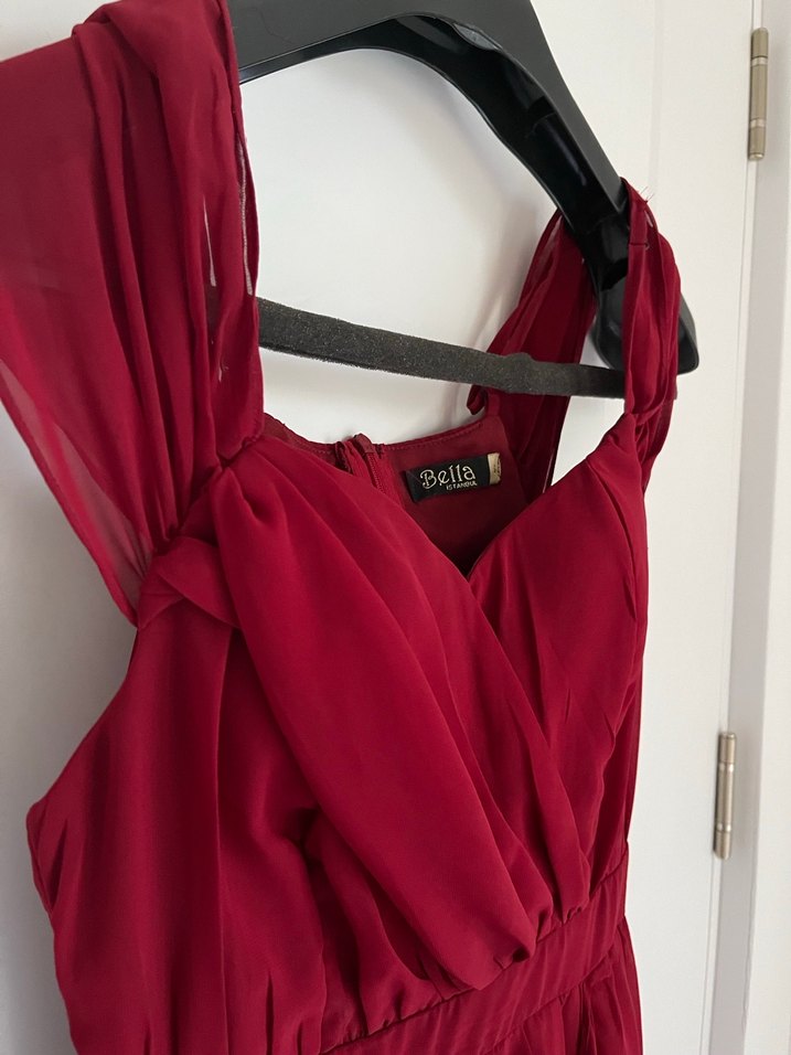 Bordo V Yakalı Uzun Abiye Elbise - Görsel 5