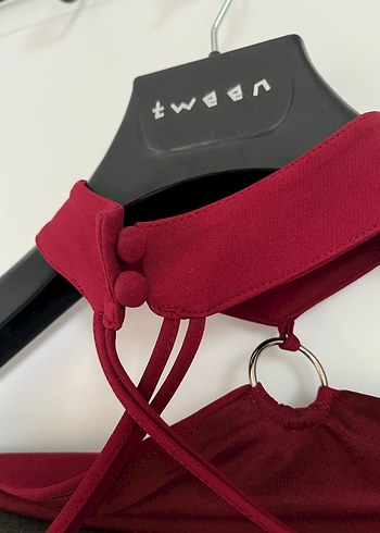 Bordo Halter Yaka Midi Abiye Elbise - Görsel 5