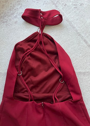 Bordo Halter Yaka Midi Abiye Elbise - Görsel 4