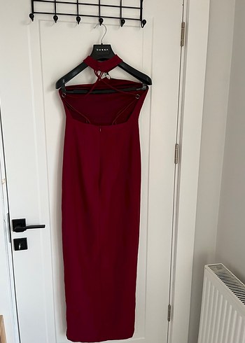 Bordo Halter Yaka Midi Abiye Elbise - Görsel 2