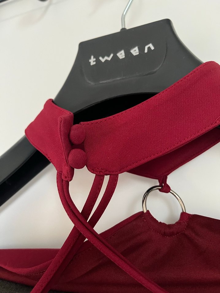 Bordo Halter Yaka Midi Abiye Elbise - Görsel 5