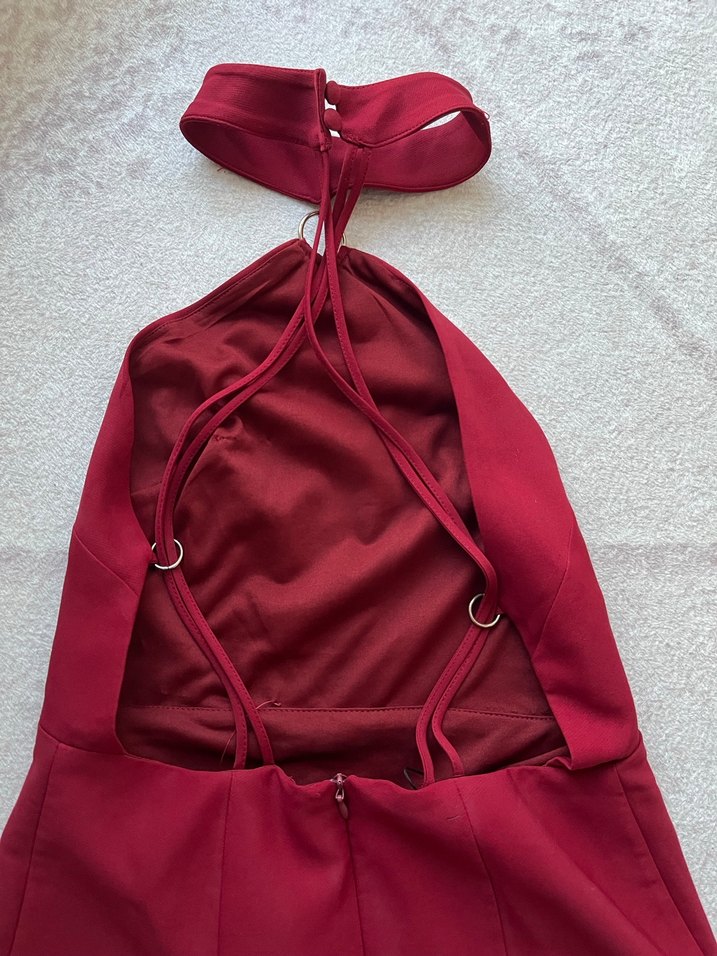 Bordo Halter Yaka Midi Abiye Elbise - Görsel 4