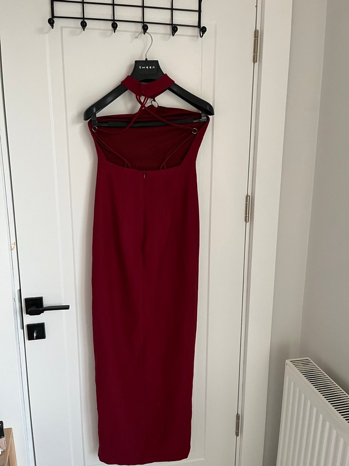 Bordo Halter Yaka Midi Abiye Elbise - Görsel 2