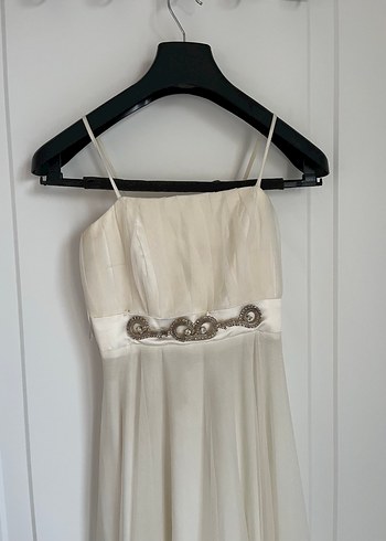 Beyaz Uzun Drapeli Straplez Abiye Elbise - Görsel 3