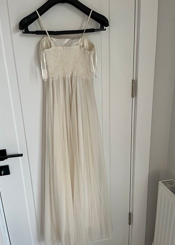 Beyaz Uzun Drapeli Straplez Abiye Elbise - Görsel 6