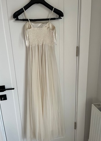 Beyaz Uzun Drapeli Straplez Abiye Elbise - Görsel 7