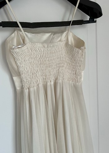 Beyaz Uzun Drapeli Straplez Abiye Elbise - Görsel 5