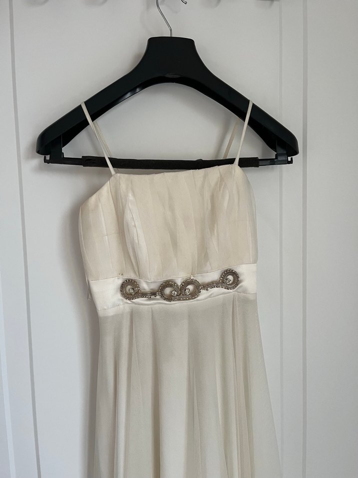 Beyaz Uzun Drapeli Straplez Abiye Elbise - Görsel 3