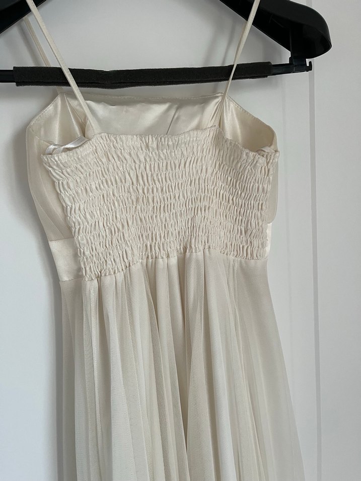 Beyaz Uzun Drapeli Straplez Abiye Elbise - Görsel 5