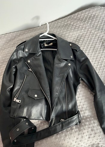 Kadın Siyah Deri Biker Ceket - Görsel 3