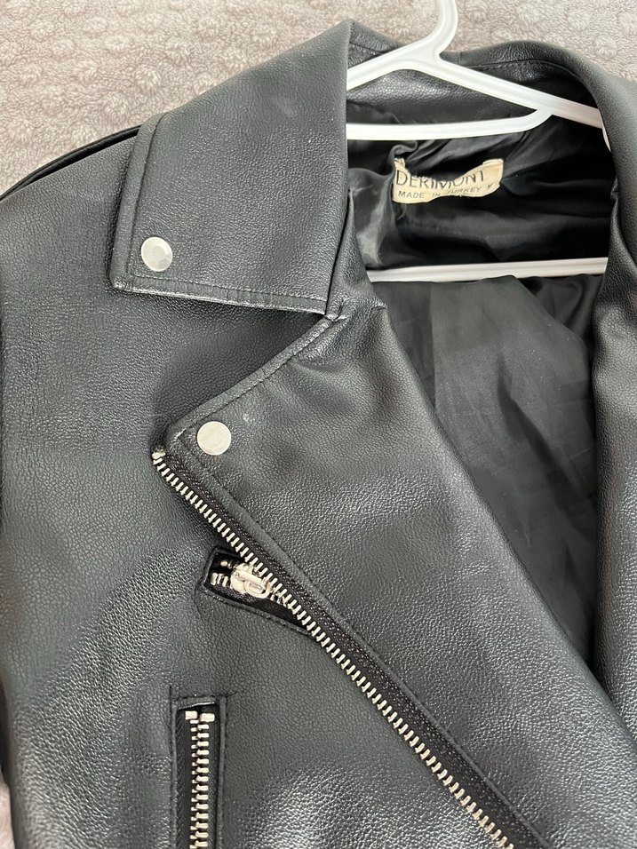 Kadın Siyah Deri Biker Ceket - Görsel 2