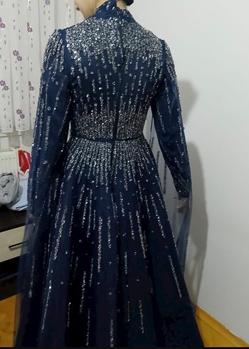 Boncuk İşlemeli Lacivert Uzun Abiye Elbise - Görsel 2