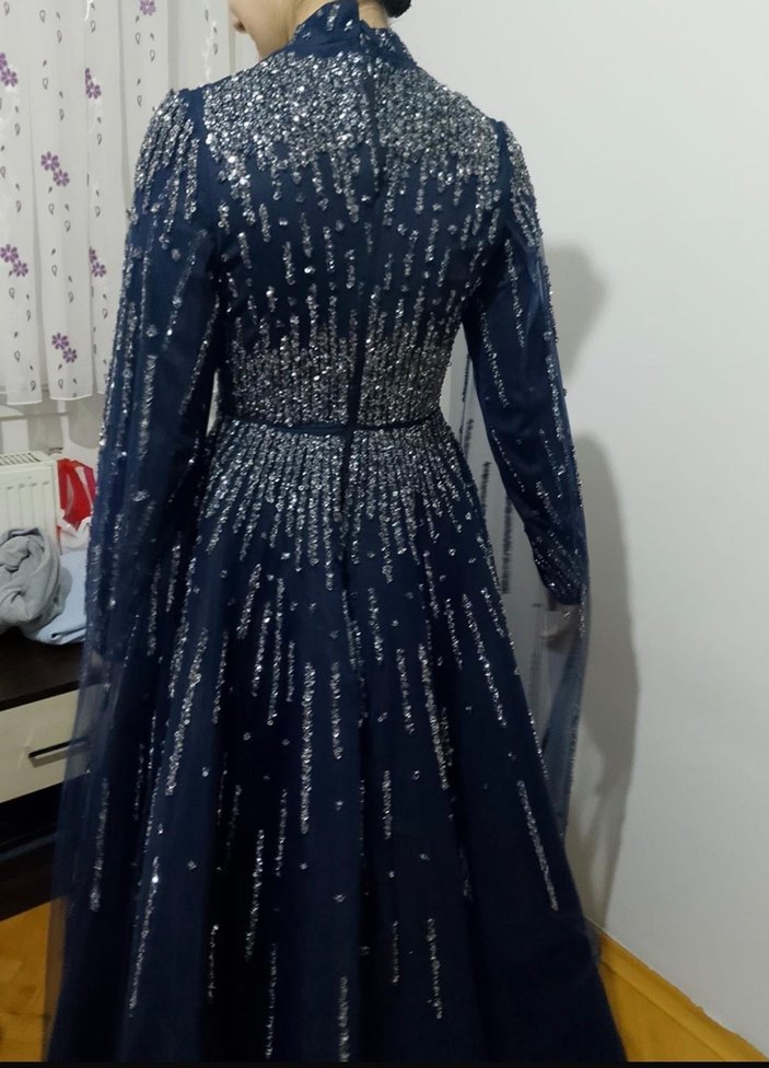 Boncuk İşlemeli Lacivert Uzun Abiye Elbise - Görsel 2