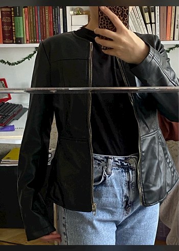 Siyah Deri Fermuarlı Kadın Ceket - Görsel 5