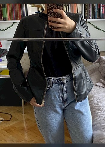 Siyah Deri Fermuarlı Kadın Ceket - Görsel 7
