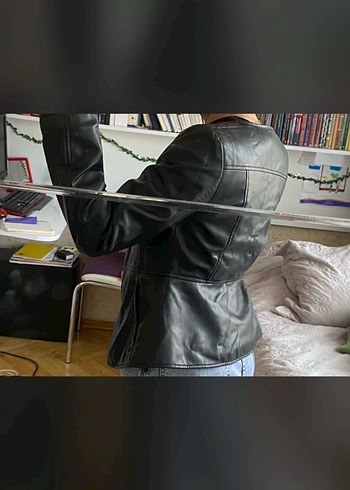 Siyah Deri Fermuarlı Kadın Ceket - Görsel 6