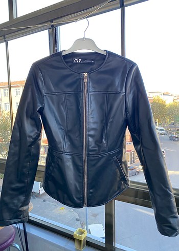 Siyah Deri Fermuarlı Kadın Ceket - Görsel 2
