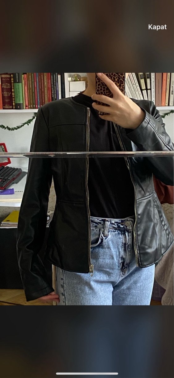 Siyah Deri Fermuarlı Kadın Ceket - Görsel 5