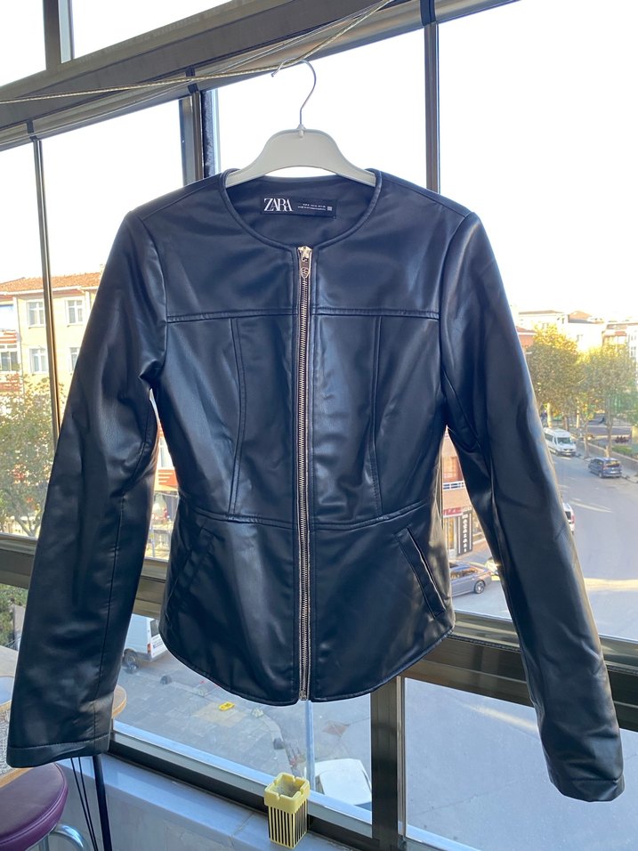 Siyah Deri Fermuarlı Kadın Ceket - Görsel 2