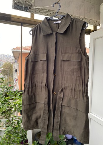 Haki Kemerli Kolsuz Midi Trençkot - Görsel 2