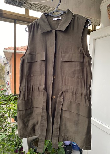 Haki Kemerli Kolsuz Midi Trençkot - Görsel 4