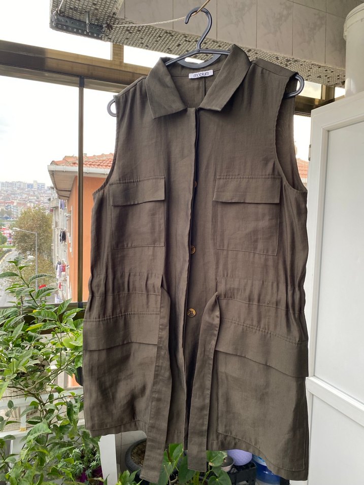 Haki Kemerli Kolsuz Midi Trençkot - Görsel 2