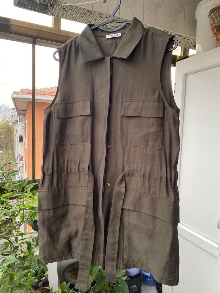 Haki Kemerli Kolsuz Midi Trençkot - Görsel 4