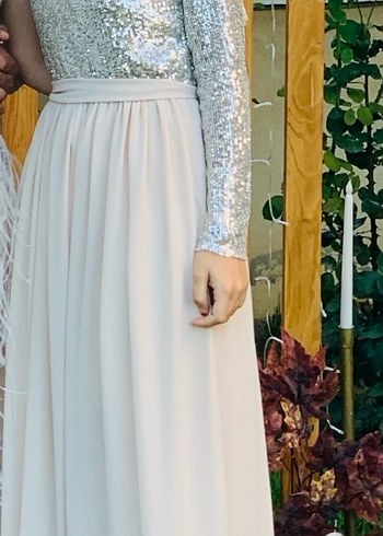 Uzun Kollu Bej Drapeli Abiye Elbise - Görsel 8