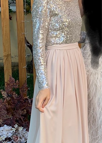 Uzun Kollu Bej Drapeli Abiye Elbise - Görsel 7