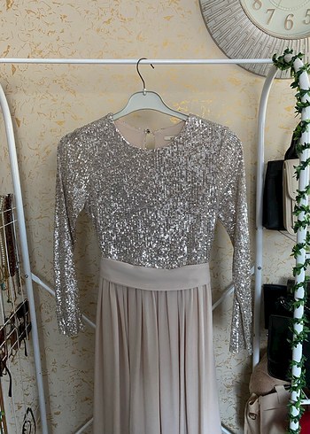 Uzun Kollu Bej Drapeli Abiye Elbise - Görsel 3