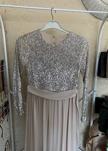 Uzun Kollu Bej Drapeli Abiye Elbise - Görsel 2