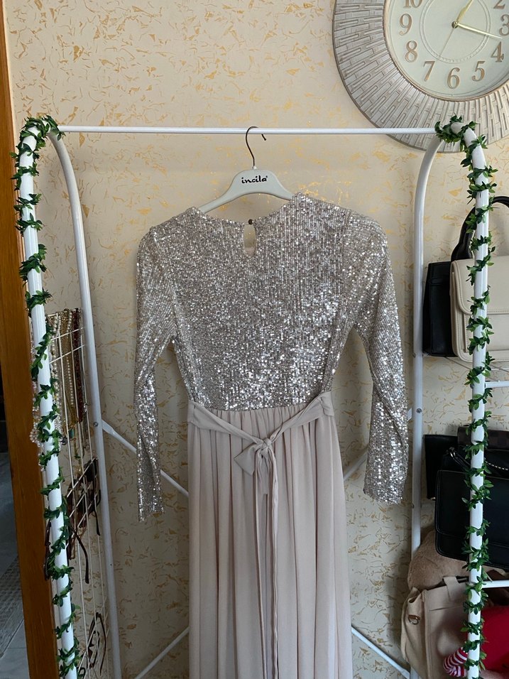 Uzun Kollu Bej Drapeli Abiye Elbise - Görsel 5