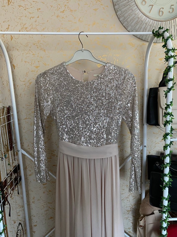 Uzun Kollu Bej Drapeli Abiye Elbise - Görsel 3