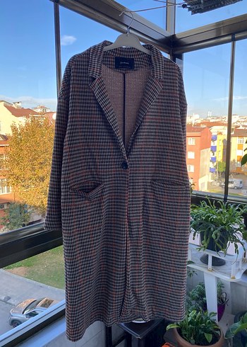 Düğmeli Ekose Desenli Uzun Kadın Kaban - Görsel 2