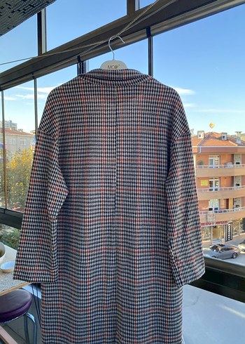 Düğmeli Ekose Desenli Uzun Kadın Kaban - Görsel 5