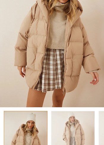 Bej Midi Kadın Kışlık Mont Kapüşonlu - Görsel 2