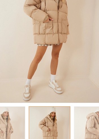 Bej Midi Kadın Kışlık Mont Kapüşonlu - Görsel 3