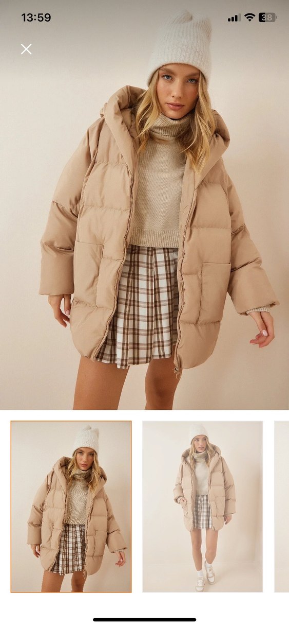 Bej Midi Kadın Kışlık Mont Kapüşonlu - Görsel 2