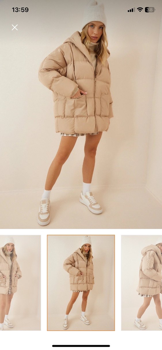 Bej Midi Kadın Kışlık Mont Kapüşonlu - Görsel 3
