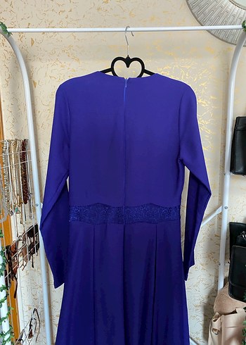 Uzun Kollu krep Kumaşlı Mavi Uzun Elbise - Görsel 4