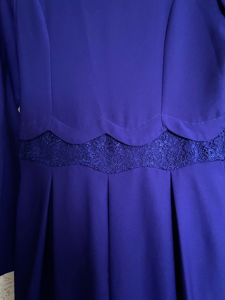 Uzun Kollu krep Kumaşlı Mavi Uzun Elbise - Görsel 2