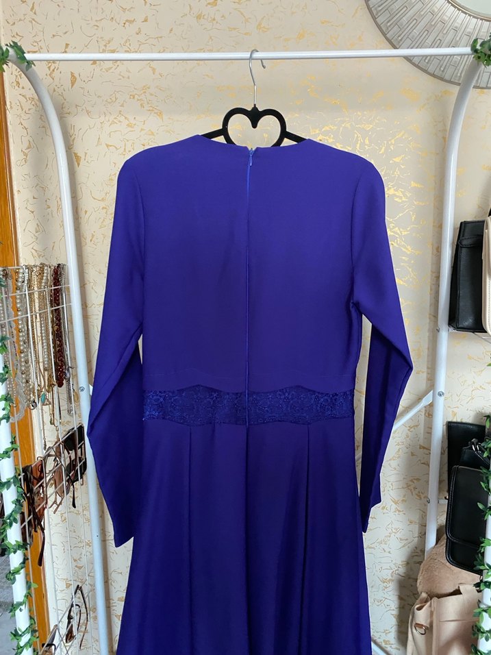 Uzun Kollu krep Kumaşlı Mavi Uzun Elbise - Görsel 4