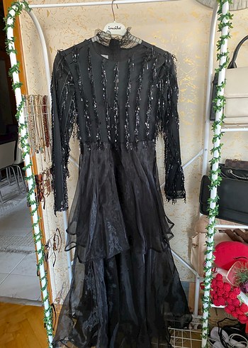 Drapeli Siyah Uzun Kollu Gotik Gece Elbisesi - Görsel 2